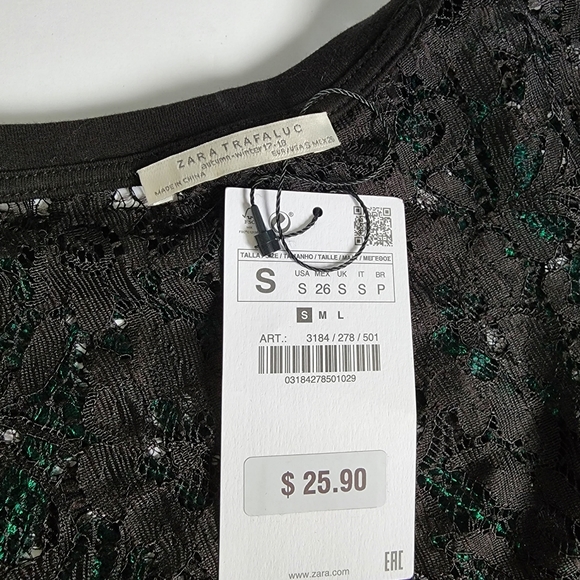 Zara green black lace cropped top size X/S new - Picture 3 of 6